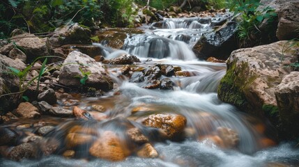 A peaceful forest stream flowing over rocks
