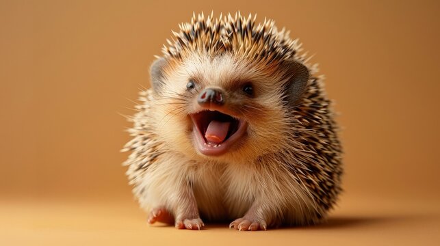 Fototapeta A cute hedgehog with its mouth open, looking up and smiling.