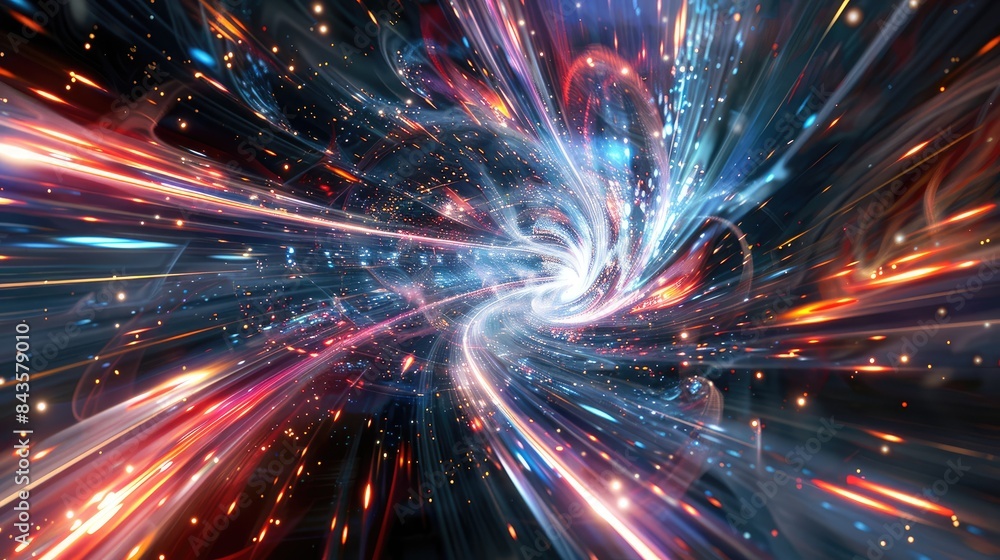 Poster abstract 3d elements merging with light trails in a cosmic dimension
