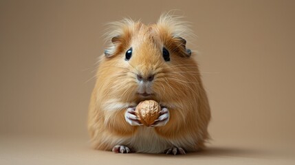 Fototapeta premium A fluffy brown guinea pig holds a walnut in its paws, looking directly at the camera.