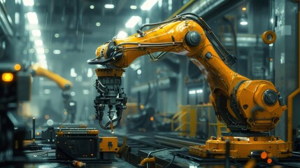 A futuristic robotic arm working on an assembly line in a brightly lit factory