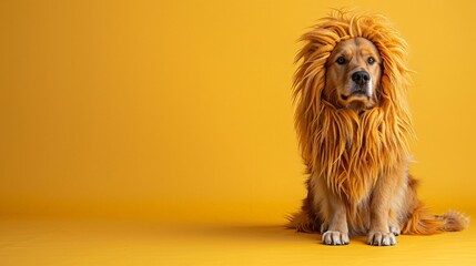 A golden retriever dog dressed in a lion costume sits against a yellow background.