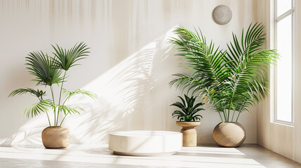 Minimalistic white room interior with plants and round podium 3D rendering