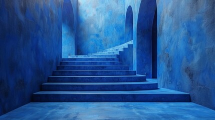 Abstraction, futuristic background, concrete arch. Night view of the tunnel, portal. Staircase up.