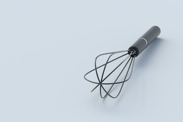 Black whisk for whipping on gray background. Kitchen utensils. Beater for eggs. Hand mixer. Copy space. 3d render