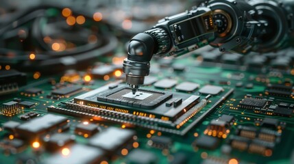 A robotic arm carefully places a microchip onto a circuit board, highlighting the intersection of technology and automation.