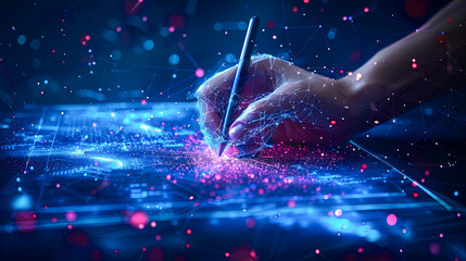 Close up of human hand drawing business strategy on screen 3D rendering