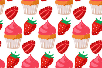 Seamless Strawberry cupcake and red berry pattern. Fruit and cake. Dessert food. Organic tropical food eco template for wallpaper, textile, wrapping, scrapbooking. Repeated background