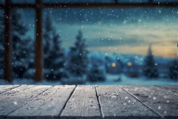 Christmas background wooden table, bokeh pine forest, template, copy space.