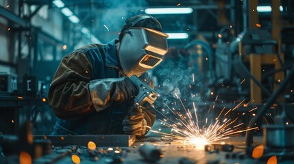 A welder works on a metal project in a factory, sparks flying as he welds.