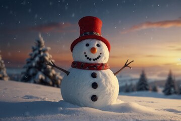 Fototapeta premium Christmas card, snowman, snow, forest, hat, scarf, template, concept, copy space.