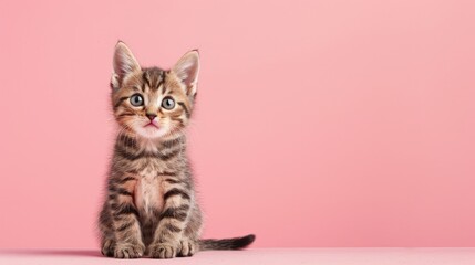 Fototapeta premium A cute kitten sitting on a solid pastel rose background, space above for text