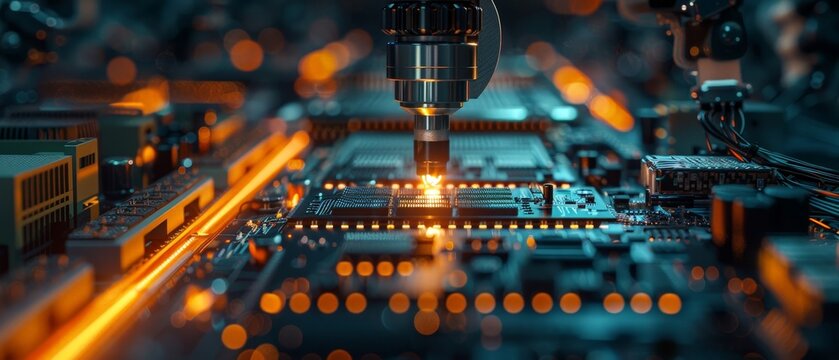 Abstract close-up of a circuit board with glowing lights.