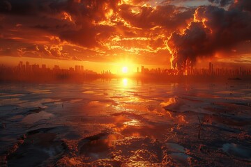 A dystopian cityscape with a red-hued sky, a setting sun, and a large plume of smoke