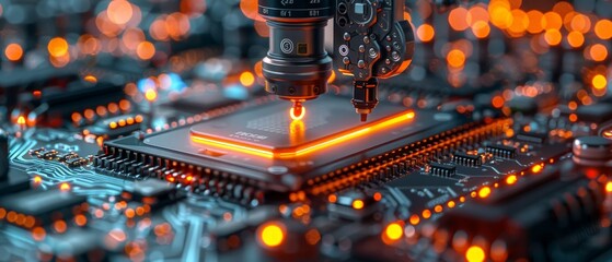 Close-up of a circuit board with glowing lights.