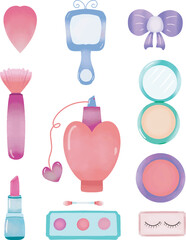 Hand drawn watercolor style of makeup tools. Makeup tools vector art. set of makeup tools.