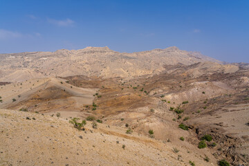 Desert landscape view inside huge ancient Ranikot fort ramparts known as the great wall of Sindh, Jamshoro, Sindh, Pakistan