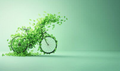 Bicycle Made of Leaves Flying on Light Green Background (generative AI)