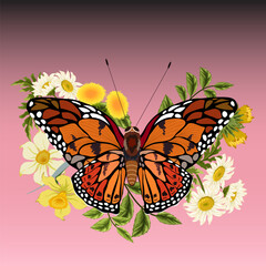 Beautiful butterfly on flowers.Multicolored beautiful butterfly on a bouquet of flowers in a vector illustration on a colored background.