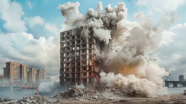Controlled demolition explosion with a building imploding
