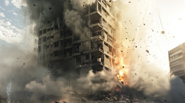 Controlled demolition explosion with a building imploding