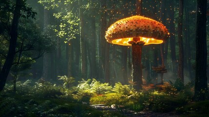 Glowing Mushroom Illuminating Enchanted Forest Landscape