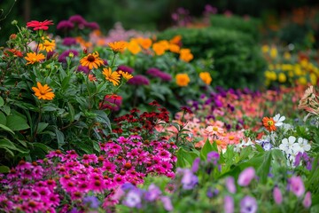 Obraz premium a vibrant section of the garden where a variety of flowers in different colors bloom together.