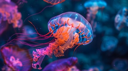 Obraz premium Mesmerizing Jellyfish Gracefully Pulsating in Vibrant Aquarium Underwater Scene