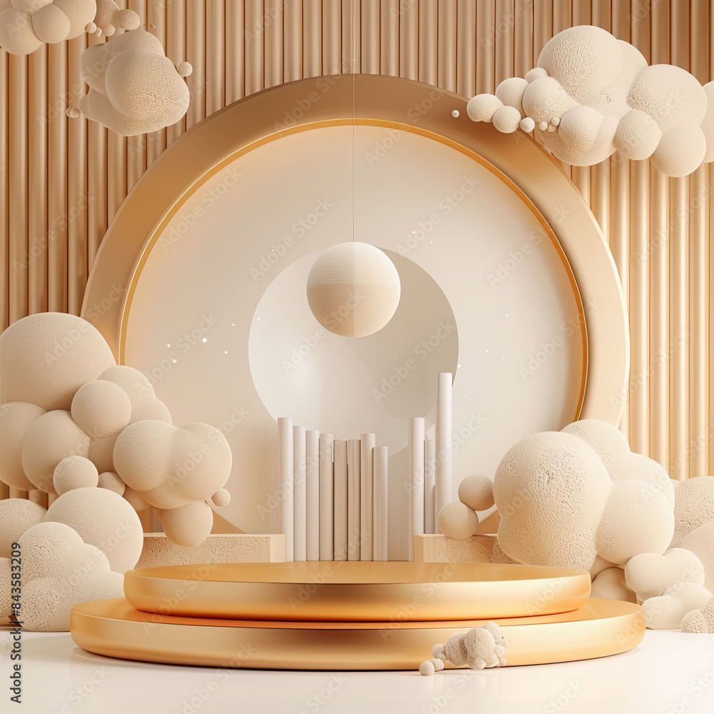 Poster 3d render of abstract minimal geometric forms. glossy golden podium for product presentation. cylind