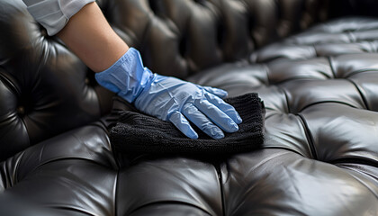 Employee hand in rubber protective glove with microfiber cloth cleaning luxury black leather chester sofa.