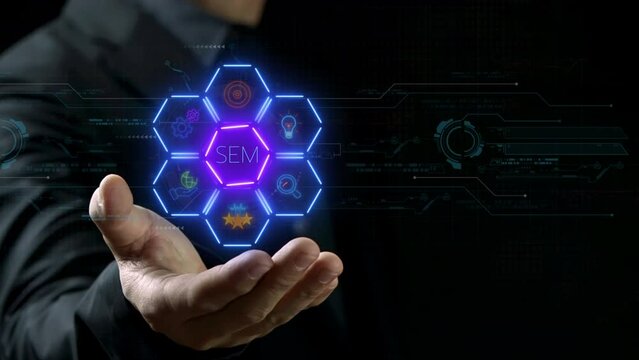 SEM or Search Engine Marketing concept for search engine optimization marketing ranking on website. Traffic website technology communication. Businessman showing SEM icons on virtual screen.