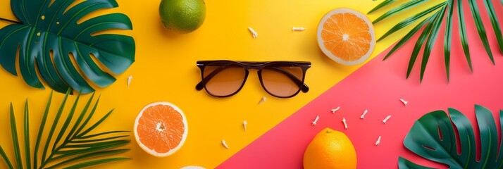 Crisp summer flat lay with citrus and leaves - A flat lay design of a sunny summer setting with fresh citrus fruits, sunglasses, and tropical leaves