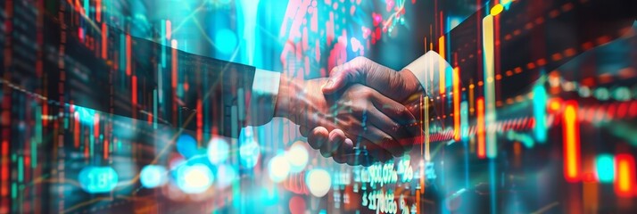 Handshake with digital stock market overlay - A handshake between two business professionals with a vibrant digital stock market graph overlay