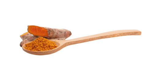 fresh turmeric roots and powder in spoon wooden on transparent png