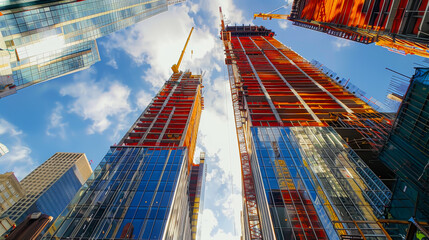 The sky is blue and the buildings are tall. The buildings are red and white. The sky is clear and the sun is shining