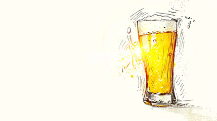 A glass of beer is drawn on a white background. The glass is half full and the liquid inside is yellow. Concept of relaxation and enjoyment, as the glass of beer is often associated with leisure