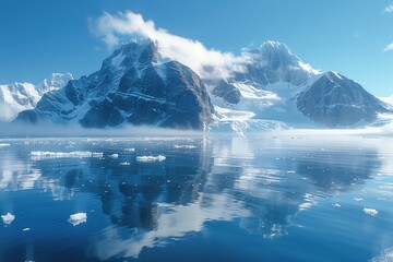 A serene view of snow-capped mountains reflecting in the calm waters of Greenland
