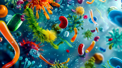 A colorful image of various bacteria and viruses floating in a blue ocean. Concept of chaos and disorder, as the different types of microorganisms are scattered throughout the scene