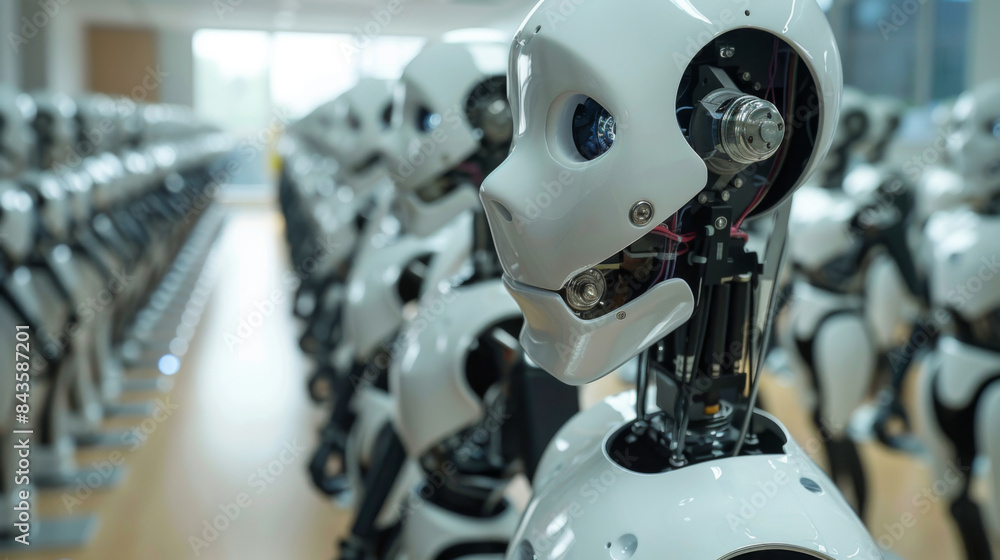 Poster rows of humanoid robots lined up in a factory setting, showcasing advanced technology and robotics i
