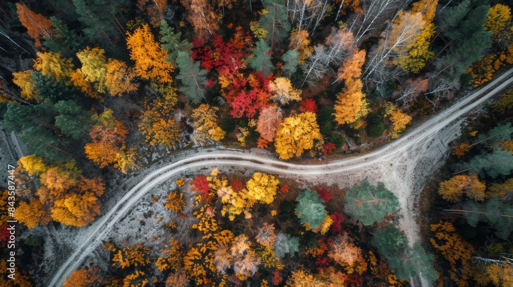 Wall mural An aerial shot of a winding dirt road and colorful autumn forest in Vorooma. Estonia