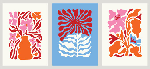 Vector illustration in simple wavy and groovy naive style, flowers and plants, floral botanic hand drawn design templates, frames and modern wall art prints © venimo