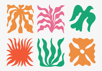 Vector illustration in simple wavy and groovy naive style, flowers and plants, floral botanic hand drawn design templates, frames and modern wall art prints, posters, placards, packaging, branding..