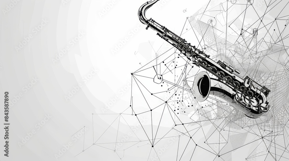 Aufkleber background in the form of geometric patterns in black and white with an image of a saxophone. --no t