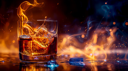 A glass of liquor with ice cubes in it is surrounded by fire. The fire is coming from the glass and is creating a dramatic effect. The scene is intense and captivating, with the fire