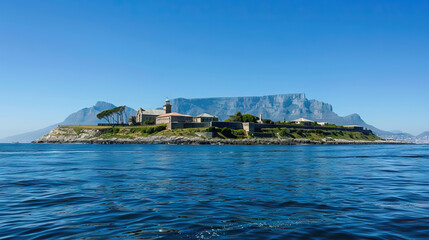 Fototapeta premium island housing a prison surronding by the sea against mountain view.