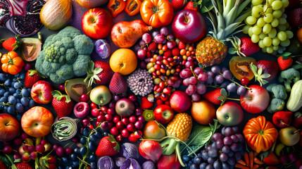 A colorful assortment of fruits and vegetables, including apples, oranges, grapes, and broccoli. Concept of abundance and freshness, showcasing the variety of healthy foods available