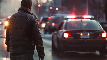 A man in a black jacket walks down a street with police cars behind him. The scene is dark and moody, with the man looking down at the ground as he walks