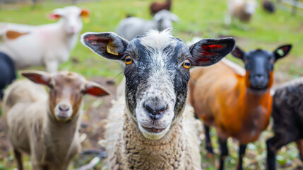 Fototapeta premium A group of sheep are standing in a field, with one of them looking directly at the camera. The sheep are of various colors and sizes, and they appear to be grazing on the grass
