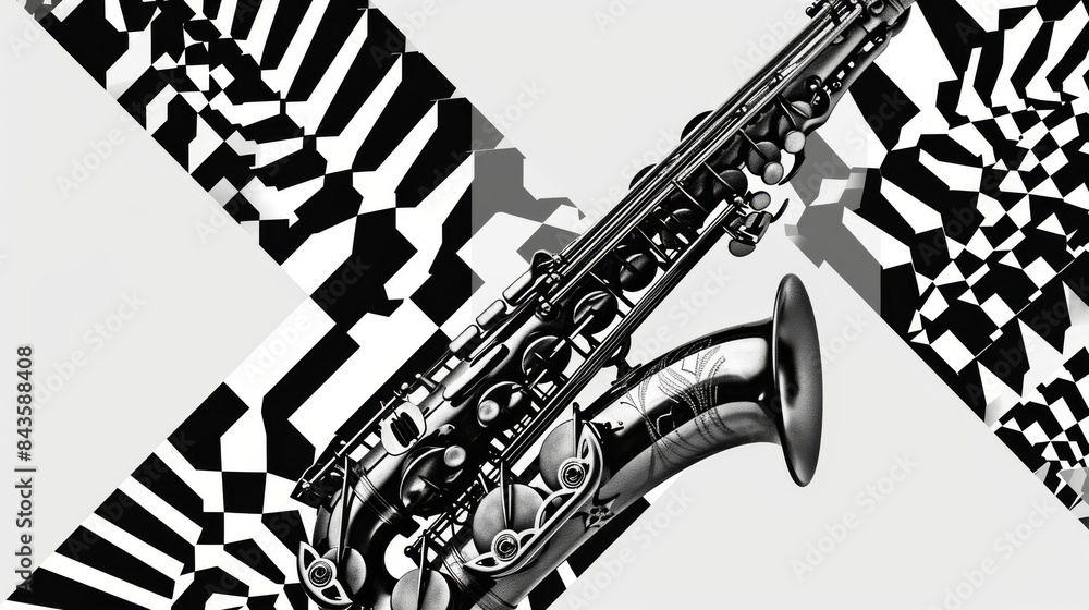 Poster background in the form of geometric patterns in black and white with an image of a saxophone. --no t