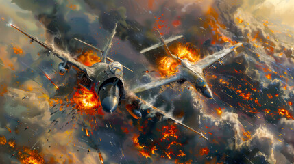 Two fighter jets are in a battle, one of which is damaged and has its nose blown off. The other jet is in the process of shooting down the damaged one. The scene is intense and chaotic, with smoke